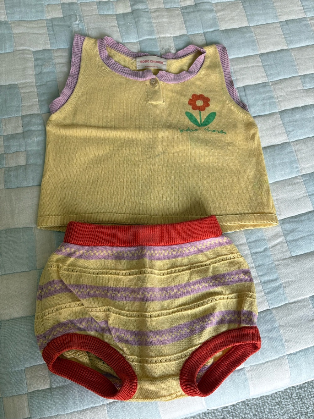 Bobo Choses Yellow Knit Tank & Striped Bloomers with Red Trim